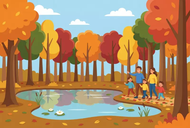 Illustration of the Bois de Chênes Nature Reserve in Genolier: oak grove in autumn colors and pond where the trees are reflected, a family is walking there.