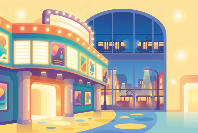Illustration de l'entrée du multiplexe Cinétoile à Prilly, panneaux d'affiches lumineux et tramways visibles à travers la verrière