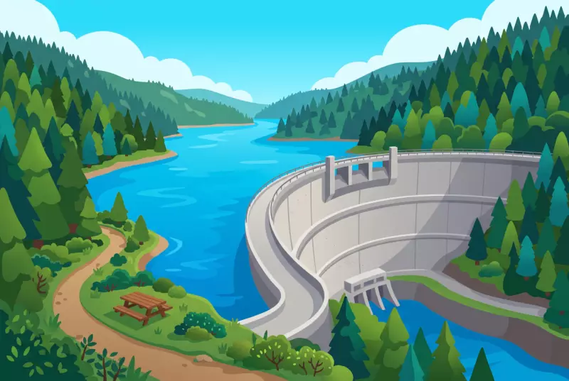 Illustration du barrage de Rossens : le mur de béton qui retient le lac de la Gruyère, vu depuis le sentier