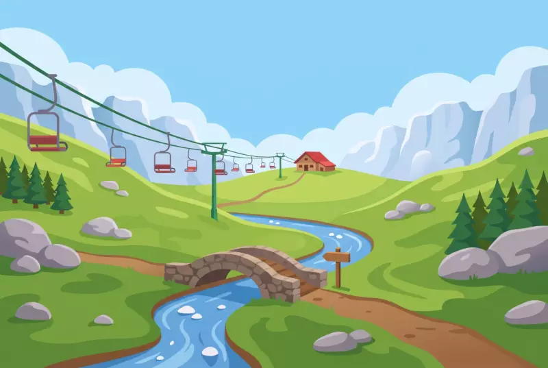 Illustration de la vallée glaciaire de la Brecca au-dessus du Lac Noir, avec son sentier et le télésiège de la Riggisalp