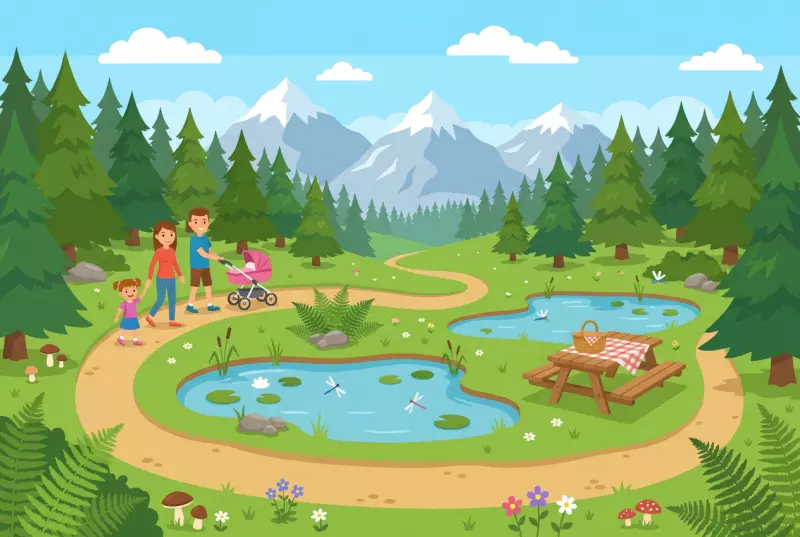 Illustration plate du Tour des Cinq Etangs a Arbaz, une famille avec poussette le long d'etangs en foret