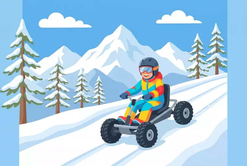 Illustration : un enfant casqué dévale une piste enneigée en snow mountain cart devant les sommets du Val d'Anniviers, à Bendolla (Grimentz)