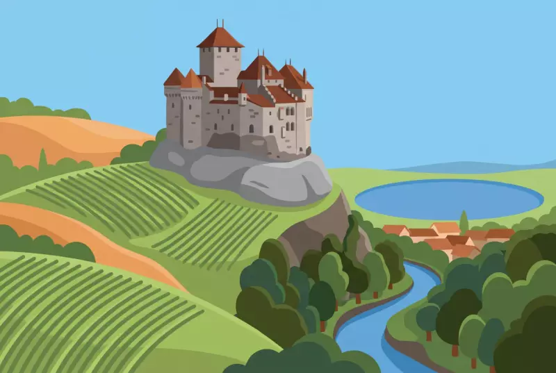 Illustration du chateau medieval de Boudry dominant les gorges de l'Areuse et les vignes