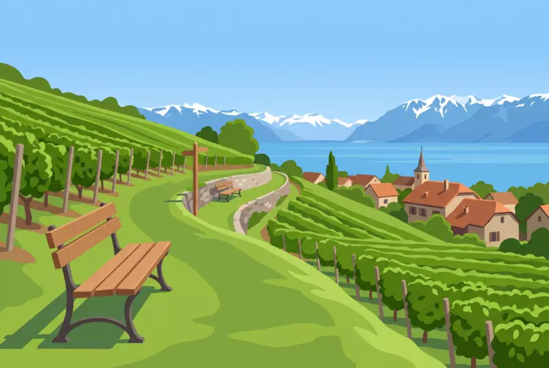 Illustration d'un banc en bois sur le sentier des bancs de Lavigny, entre les vignes et la vue sur le Léman