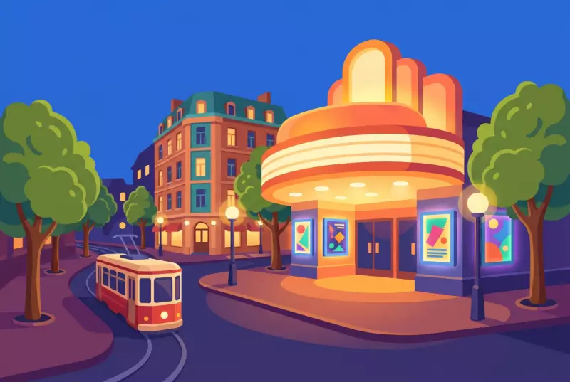 Illustration de la facade des Cinemas du Grutli a Geneve, panneaux d affiches lumineux et tram au crepuscule