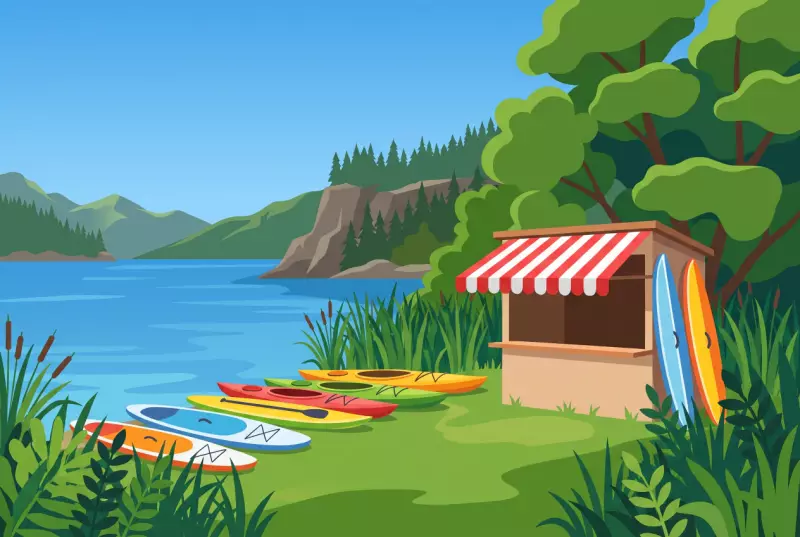 Illustration de la plage de La Roche : rive verdoyante du lac de la Gruyère avec buvette et kayaks