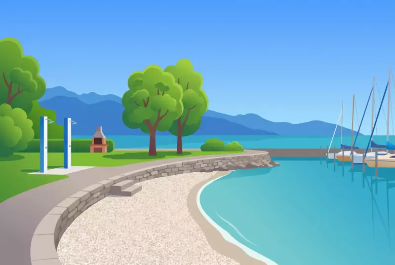 Illustration de la plage de gravillons et du port des Bains de La Becque à La Tour-de-Peilz