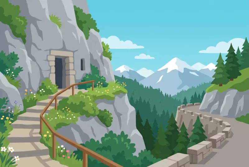 Illustration de l'entrée du fort de Litroz creusée dans la falaise au-dessus des gorges de Tête-Noire à Trient