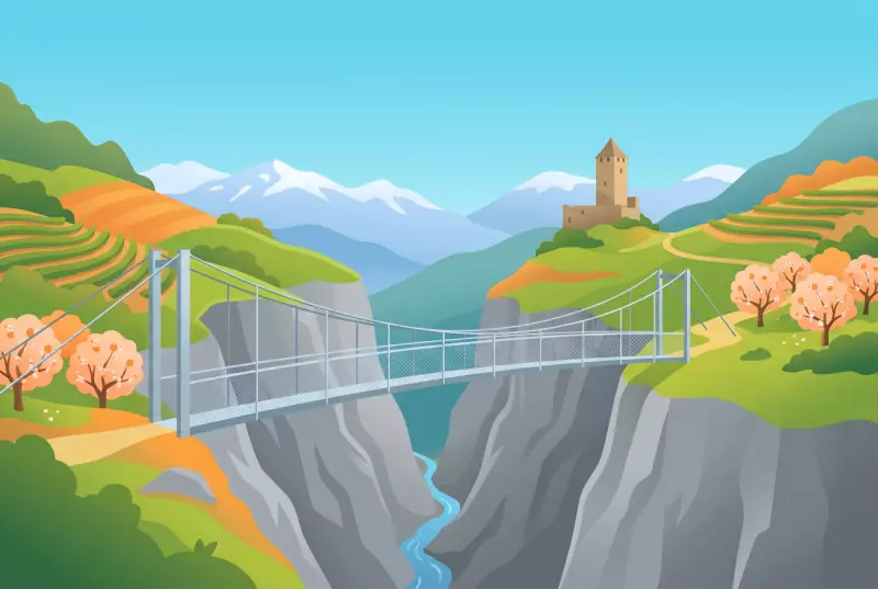 Illustration de la passerelle à Farinet suspendue au-dessus des gorges de la Salentze à Saillon