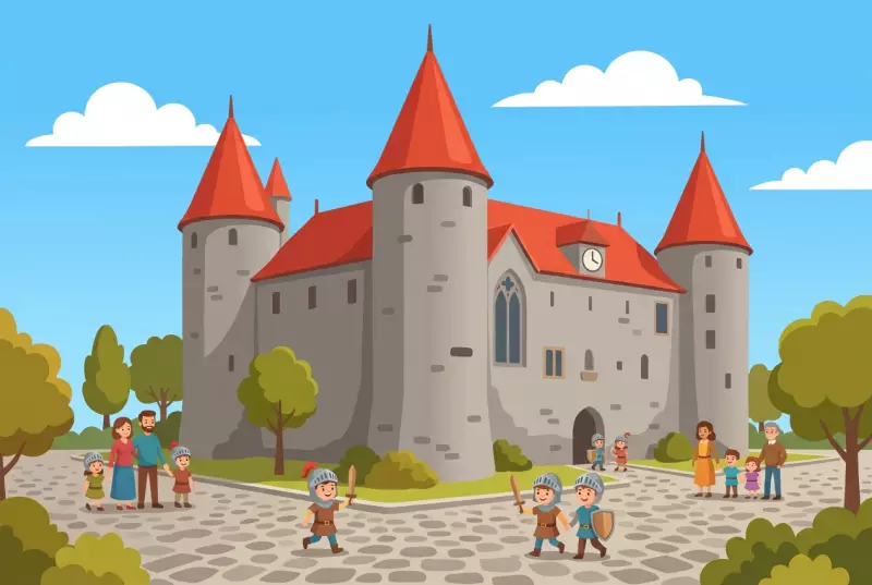 Illustration of the Savoyard castle of Yverdon-les-Bains with its four round towers topped with pointed red roofs on Place Pestalozzi, children dressed as knights and families.