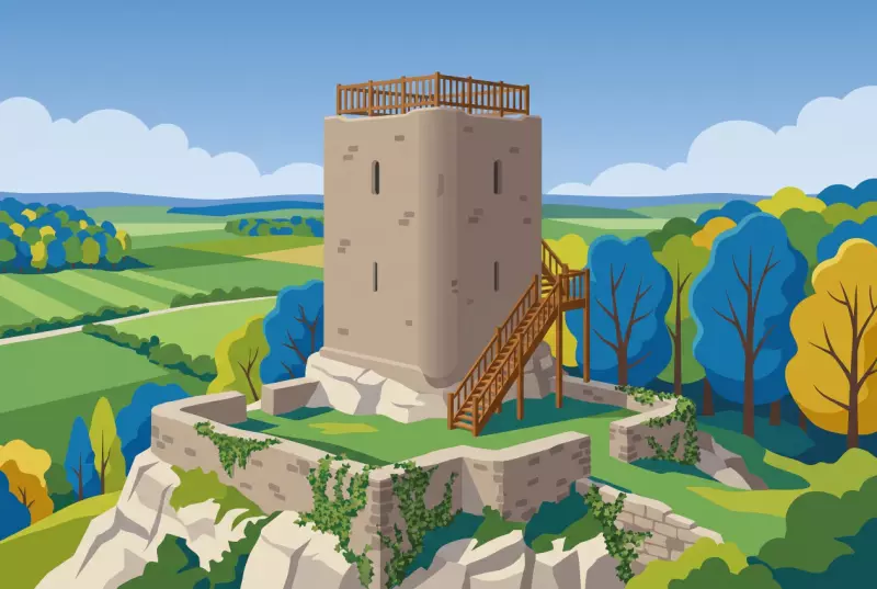 Illustration de la tour de Milandre à Boncourt, donjon médiéval en pierre sur son éperon rocheux entouré de forêt