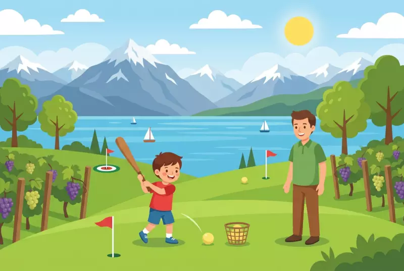 Illustration plate de swin-golf de Lavigny, un enfant jouant avec un club et une vue sur le Leman