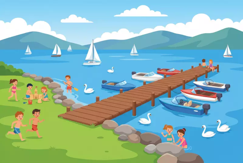 Illustration plate de la plage de la Belotte a Cologny au bord du lac Leman.