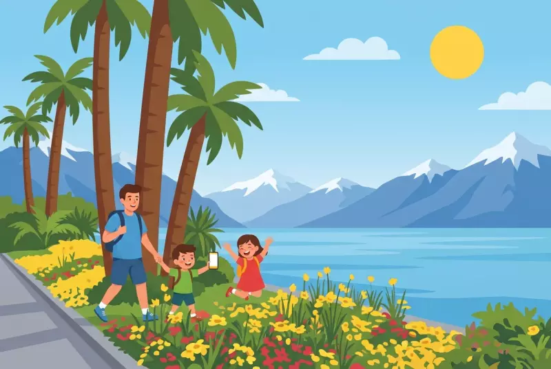 Illustration d'Explorial Montreux : une famille fait un jeu de piste sur smartphone le long des quais fleuris de Montreux, bordés de palmiers, avec le lac Léman et les Alpes en arrière-plan