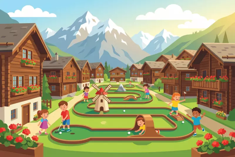 Le parcours de mini-golf au cœur du village de Grimentz, avec ses chalets en bois et les montagnes