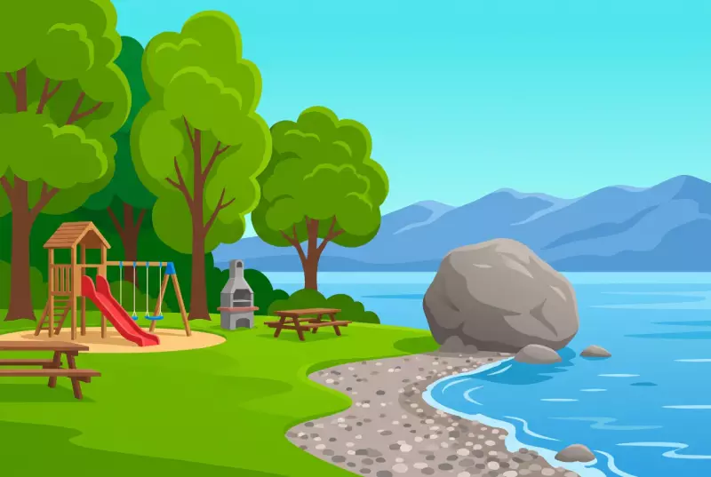 Illustration de la pelouse arborée, de la place de jeux et du bloc erratique de la Plage du Coulet à Saint-Prex