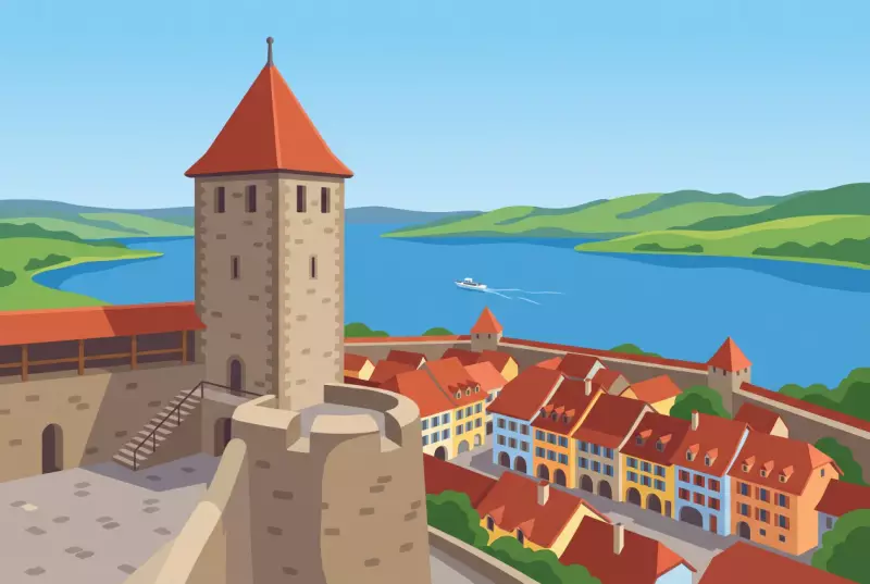 Illustration de la tour du château de Morat dominant les toits de la vieille ville et le lac