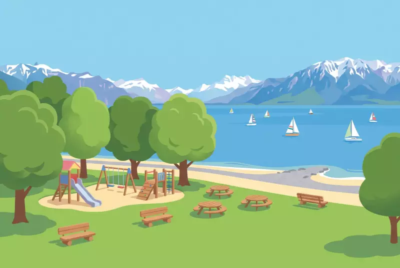 Illustration du parc des Pierrettes à Saint-Sulpice, avec sa pelouse arborée, sa place de jeux et sa rive au bord du Léman