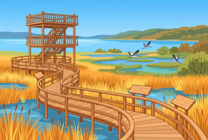 Illustration du sentier didactique de Chevroux, avec ses passerelles en bois dans les roseaux et sa tour d'observation à trois niveaux