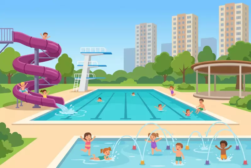 Illustration of the Lignon Pool in Vernier: large turquoise outdoor pool, purple spiral slide, diving boards, wading pool with water jets and children swimming, with the Lignon towers in the background.