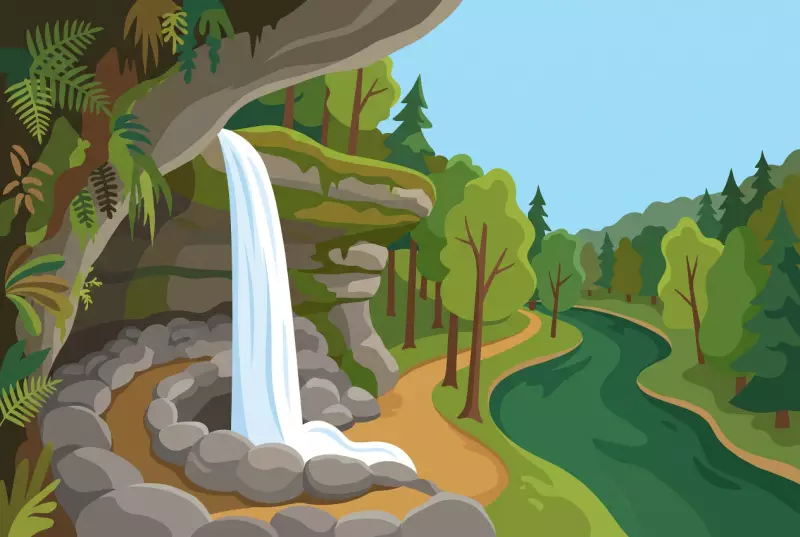 Illustration de la chute du Bief de Vautenaivre, sa cascade dans le cirque rocheux et le Doubs en contrebas