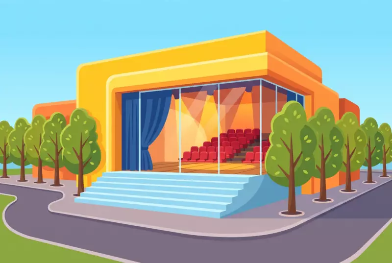 Illustration du théâtre pour enfants de la route de Frontenex à Genève, sa façade vitrée et sa salle aux fauteuils rouges
