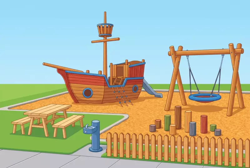 Illustration de la place de jeux du chemin de la Verne à Savigny : grand bateau en bois, grande balançoire, bosquet d'équilibre sur copeaux, fontaine à eau, table de pique-nique et barrière neuve