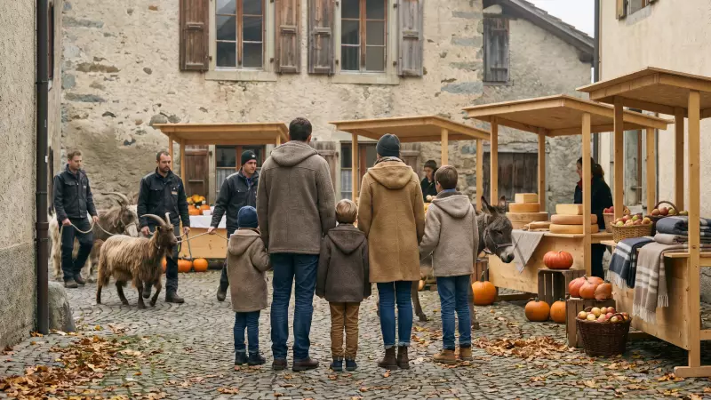 Famille de dos dans une rue de foire d’automne, entre stands en bois, chèvres et âne menés par des éleveurs, illustration IA