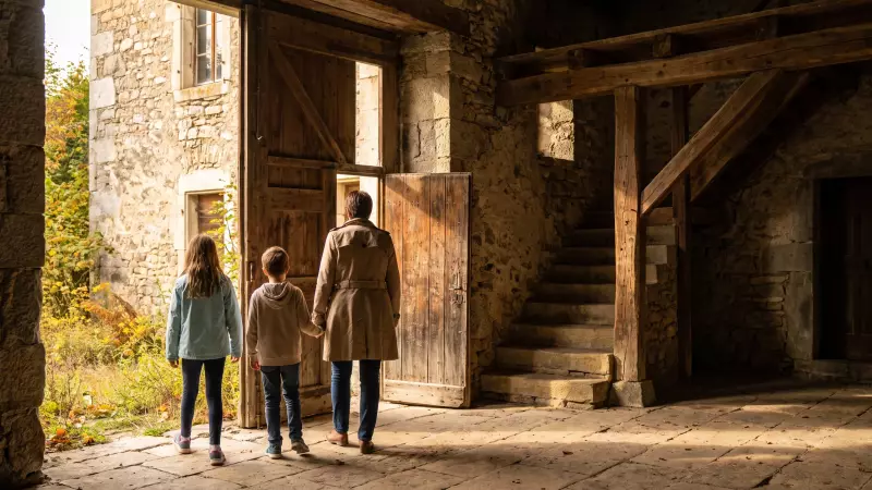 Deux enfants et un parent, vus de dos, franchissent la grande porte en bois entrouverte d’un bâtiment historique suisse ouvert exceptionnellement pour les Journées du patrimoine