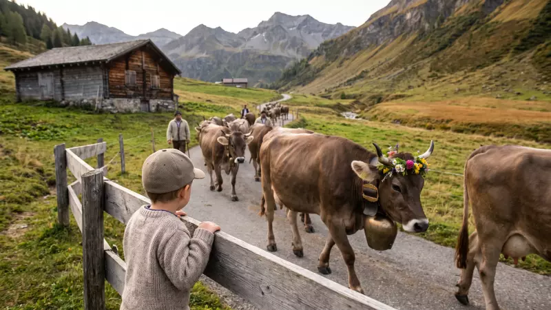 Un enfant regarde des vaches décorées redescendre d’un alpage suisse lors de la désalpe