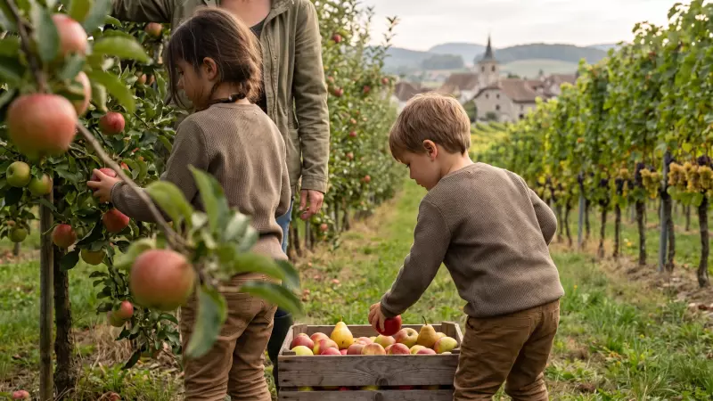 Deux enfants cueillent des pommes et des poires dans un verger suisse, avec des vignes chargées de raisin à l’arrière-plan