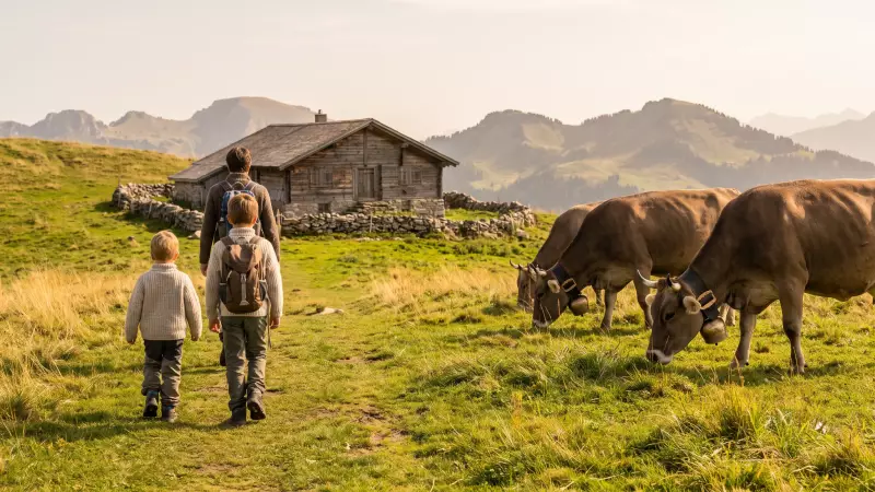 Des enfants se promènent avec un parent sur un sentier d’alpage suisse parmi les vaches à cloches, à la fin de l’été