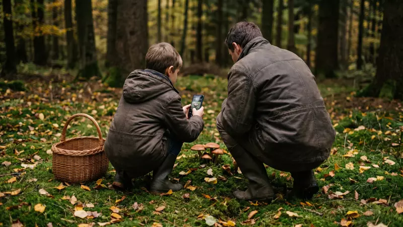 Un parent et un enfant vus de dos, accroupis sur la mousse d'une forêt d'automne, photographient des champignons à côté d'un panier en osier vide, illustration IA
