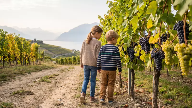 Deux enfants, vus de dos, marchent sur un chemin au milieu d’un vignoble de Suisse romande en septembre et observent les grappes de raisin mûres, le lac Léman et les montagnes en arrière-plan
