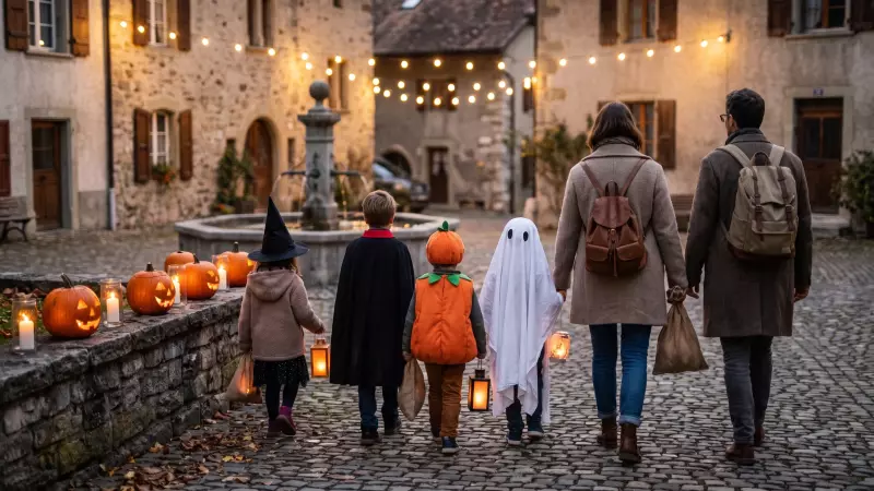 Des enfants déguisés en sorcière, fantôme et citrouille, vus de dos, marchent avec des lanternes vers la place illuminée d’un village le soir d’Halloween