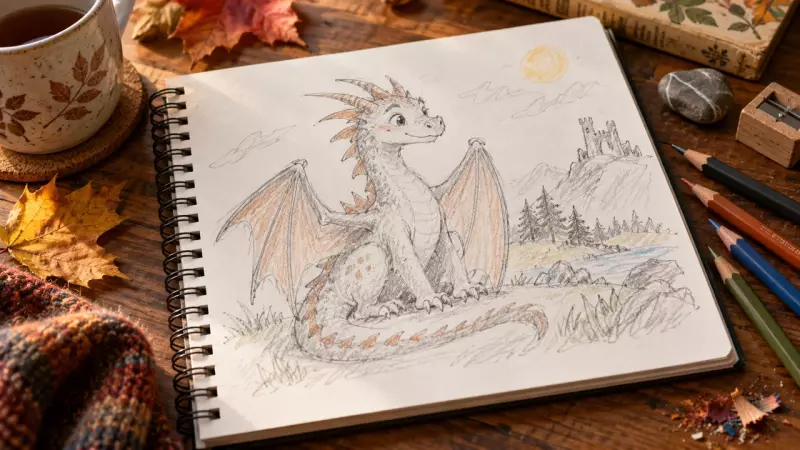 Carnet ouvert sur le dessin d’un dragon imaginaire, illustration IA.