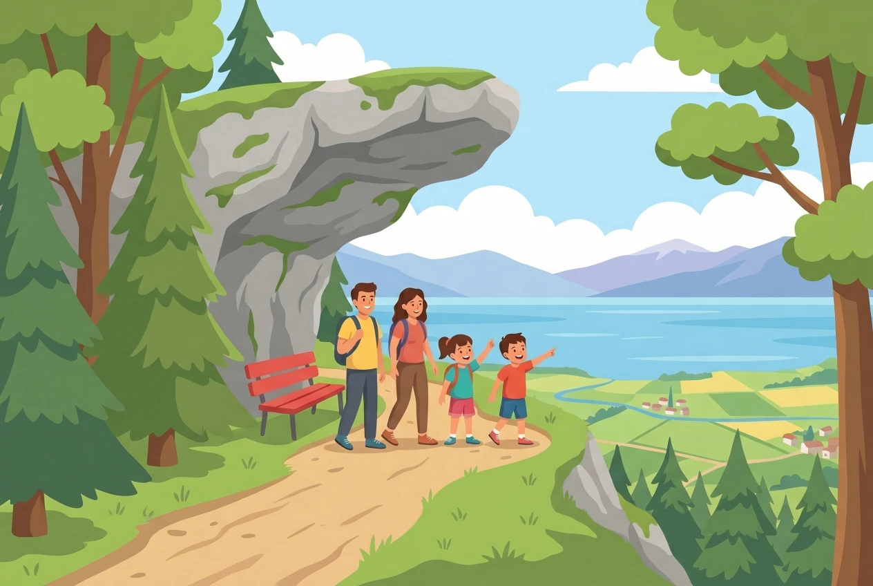 Illustration du sentier de la Ballade à Béatrix au-dessus de Saint-Cergue : chemin forestier sous un surplomb rocheux et panorama sur le lac Léman, avec une famille admirant la vue