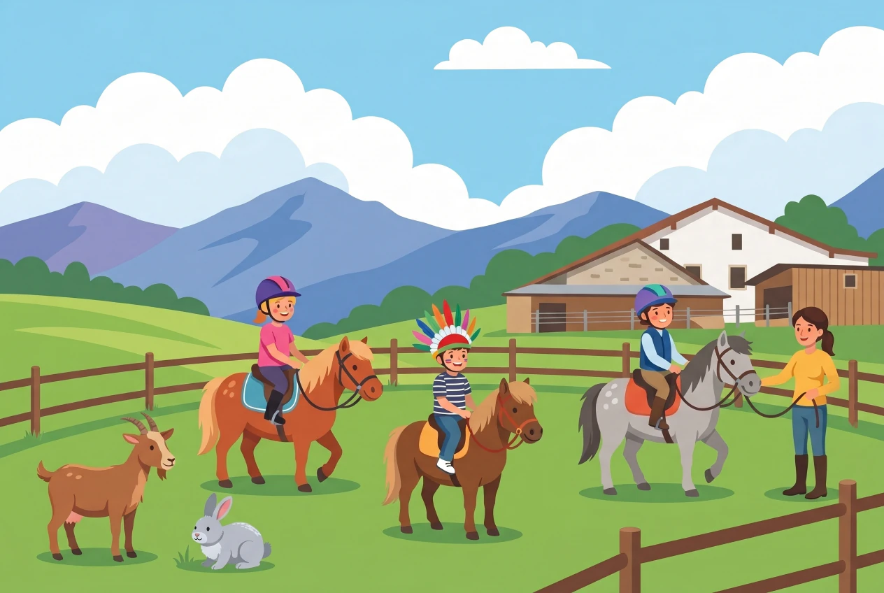 Illustration du Ranch Paradisio à Begnins : ferme familiale avec enfants à poney, chèvre et lapin dans un pré clôturé, fermette et montagnes du Jura en arrière-plan.