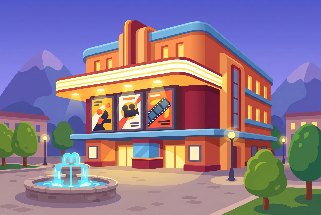 Illustration du cinema Plaza a Monthey, grande facade eclairee sur une place avec fontaine et montagnes au crepuscule