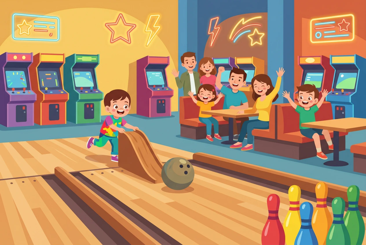 Illustration plate de bowling Miami a Echandens, enfants jouant au bowling avec rampe et barrieres
