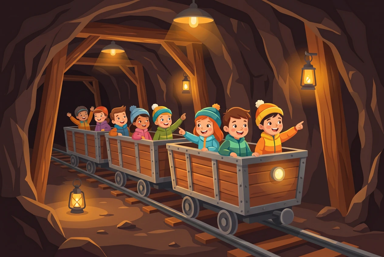 Illustration des Mines de Sel de Bex : petit train des mineurs en bois sur ses rails dans une galerie souterraine creusée dans la roche, éclairée par des lanternes, avec des enfants joyeux dans les wagons