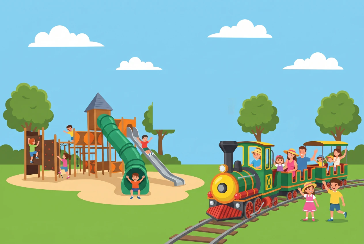 Illustration de la place de jeux du Parc des Evaux à Onex, aire de jeux et petit train