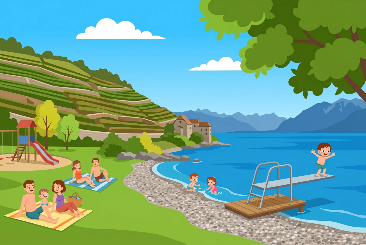 Plage de Rivaz au pied des vignes de Lavaux : plage de galets, pelouse, plongeoir, château de Glérolles et vue sur le lac Léman et les Alpes