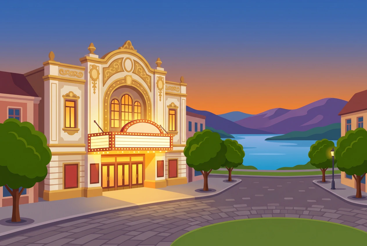 Illustration de la façade Belle-Époque du cinéma Astor à Vevey, marquise lumineuse, lac et montagnes au coucher du soleil