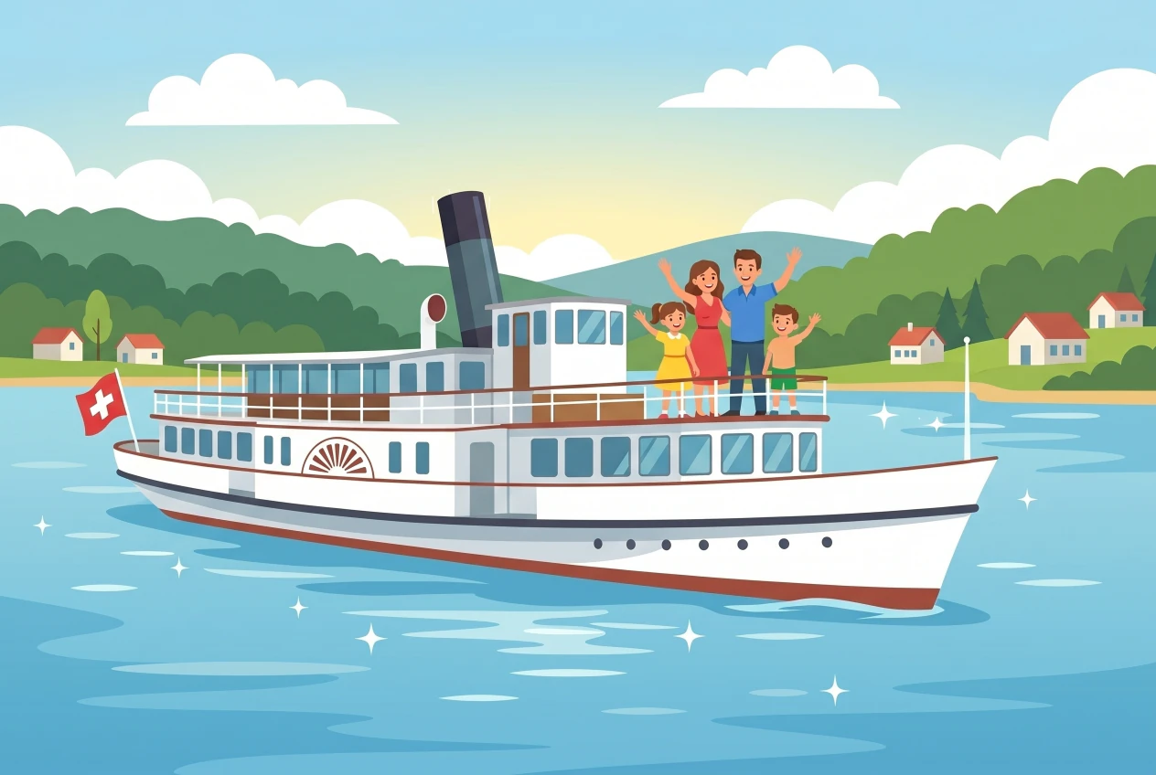 Illustration d'un bateau de croisière LNM blanc avec sa cheminée sur le lac de Neuchâtel, une famille heureuse sur le pont supérieur, collines verdoyantes et rives ensoleillées en arrière-plan.