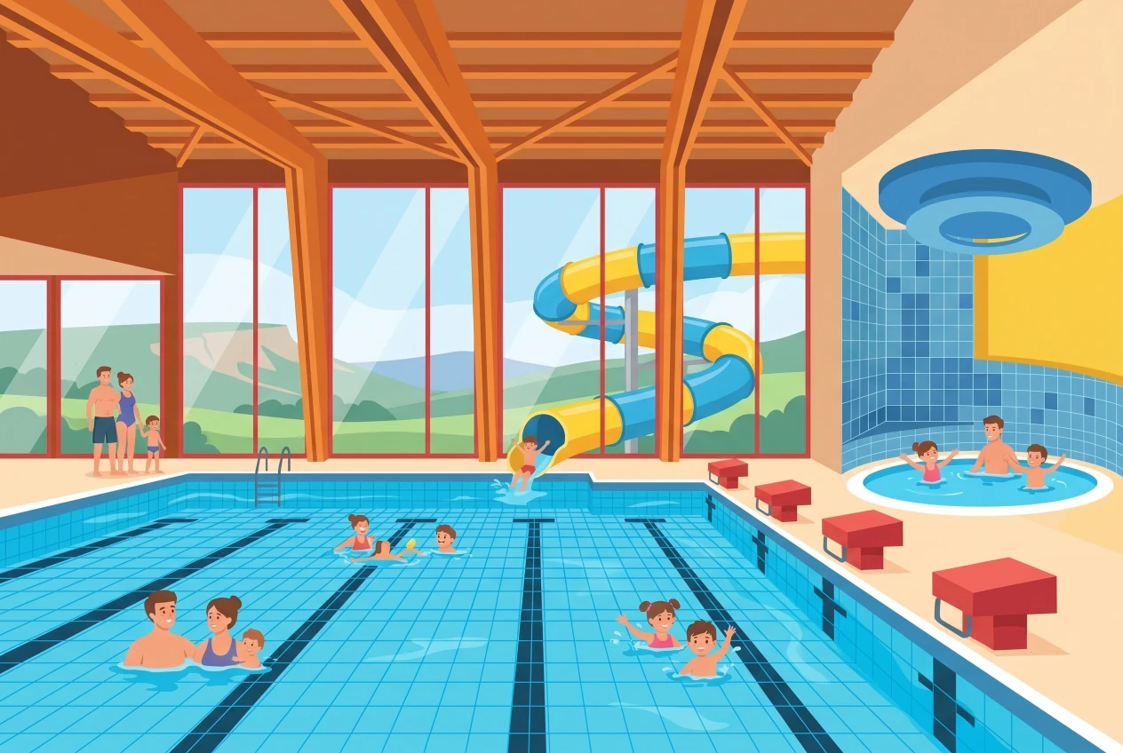 Illustration de la piscine du CLFM à Saignelégier, bassin couvert et toboggan