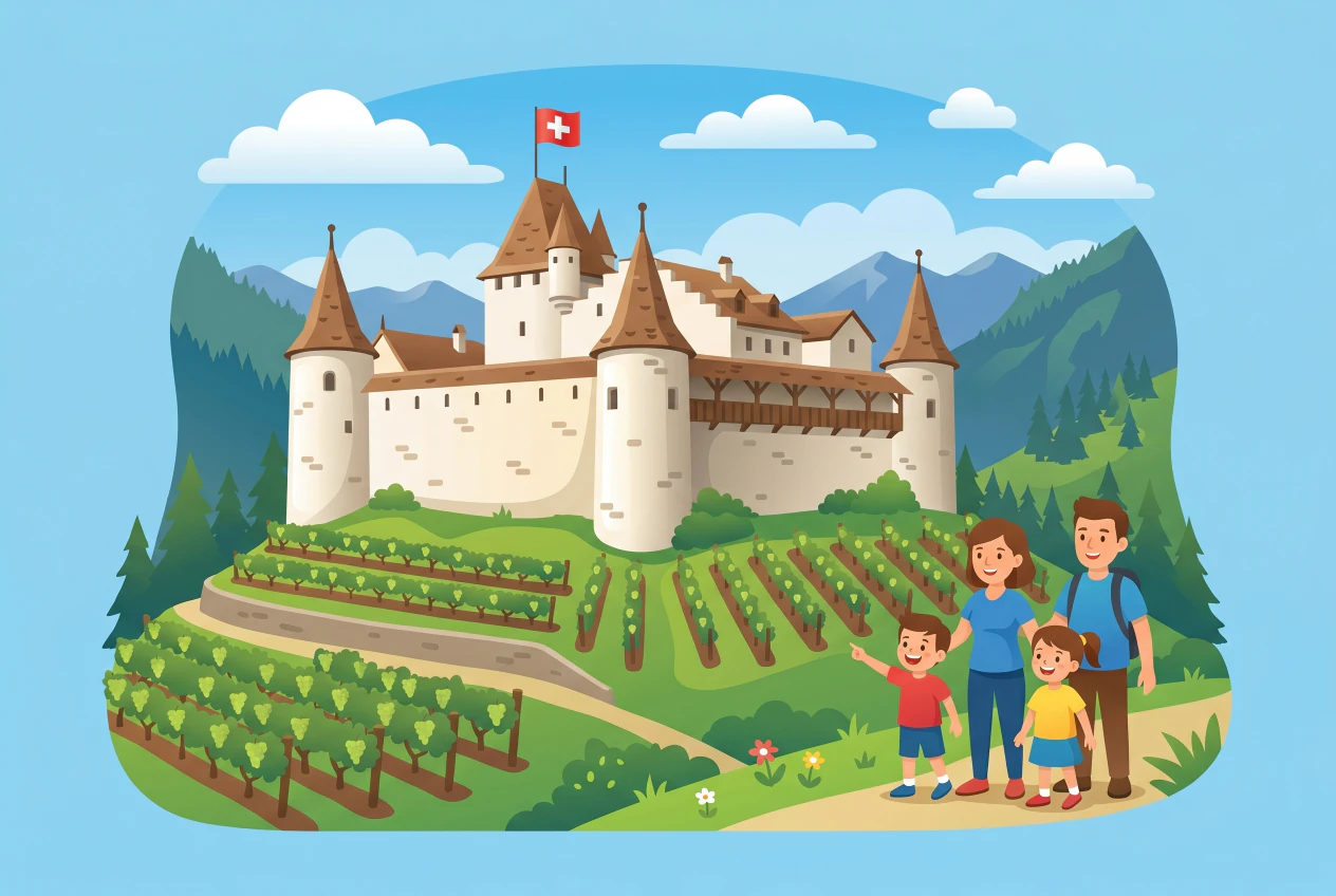 Illustration du château d'Aigle, forteresse médiévale aux tours rondes et remparts entourée de vignes du Chablais, avec une famille en visite
