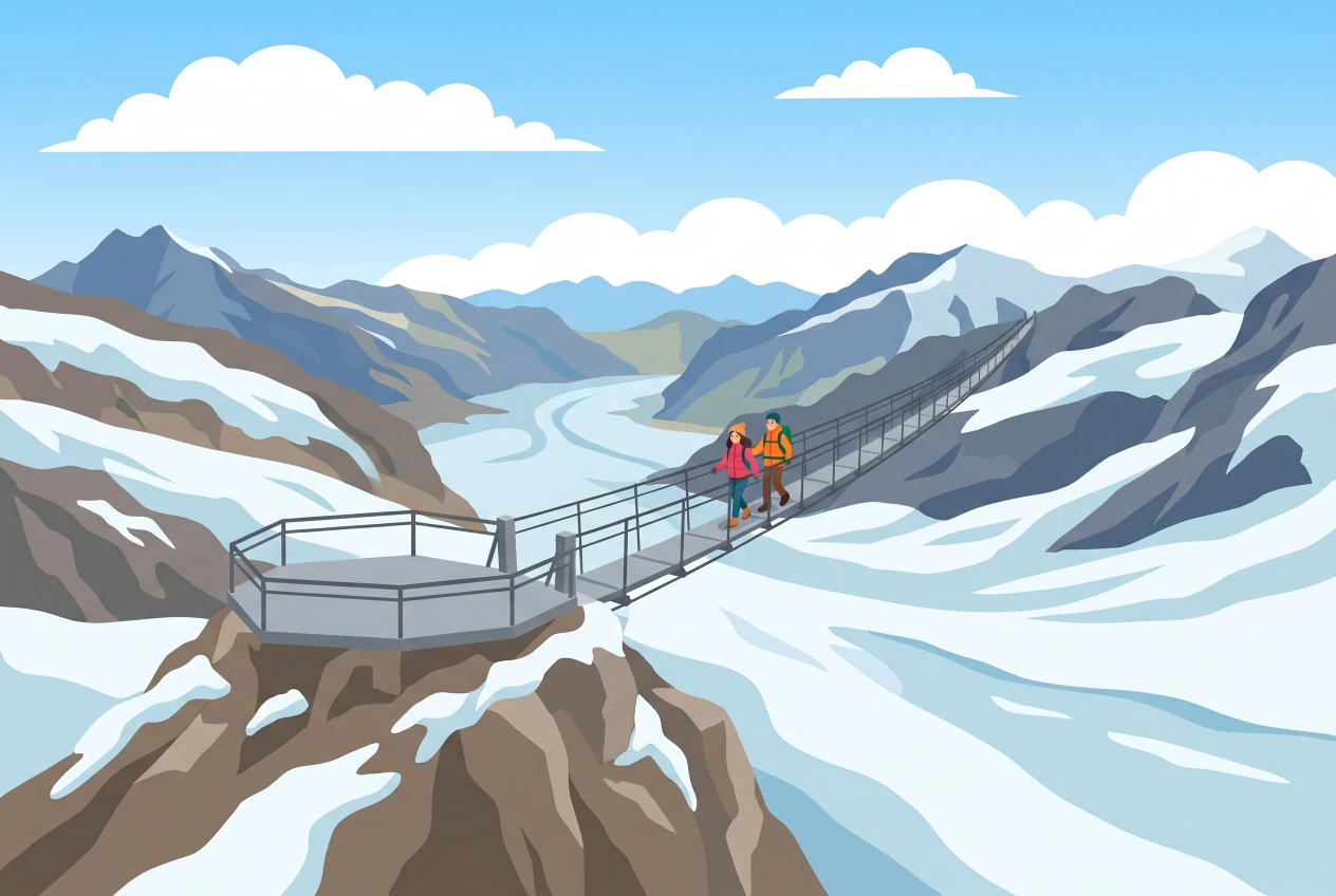 Illustration du Peak Walk by Tissot au Glacier 3000 : pont suspendu reliant deux sommets enneigés avec plateforme panoramique, glacier et Alpes en arrière-plan, marcheurs en vestes chaudes