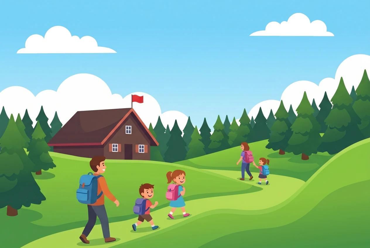 Illustration du Fort de Pré-Giroud à Vallorbe : fortin militaire camouflé en chalet suisse sur un pré en pente, bordé de sapins du Jura, où des familles avec sacs à dos montent à pied