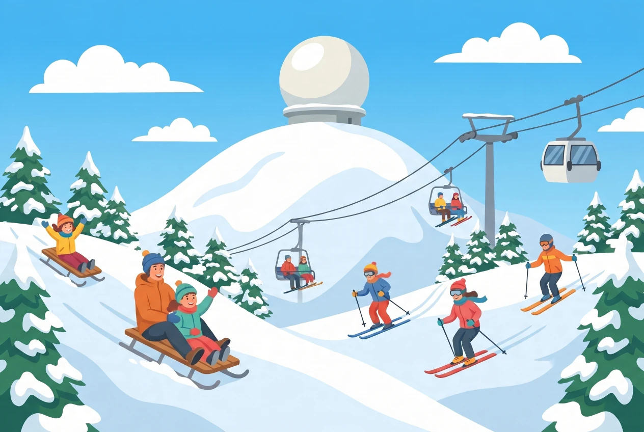 Illustration du domaine de La Dole a Saint-Cergue en hiver : sommet enneige avec le dome radar blanc, telecabine et telesiege, familles en luge et skieurs sur les pistes du Jura